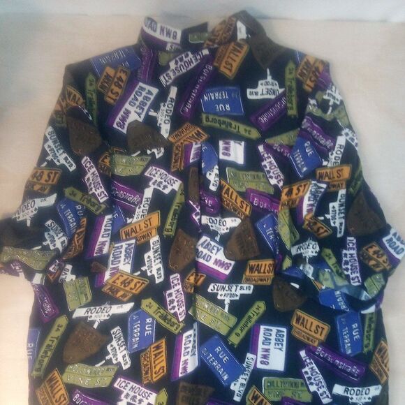 Vintage Saxony World Famous Streets Roads Sign Names Silk Shirt - Picture 7 of 8